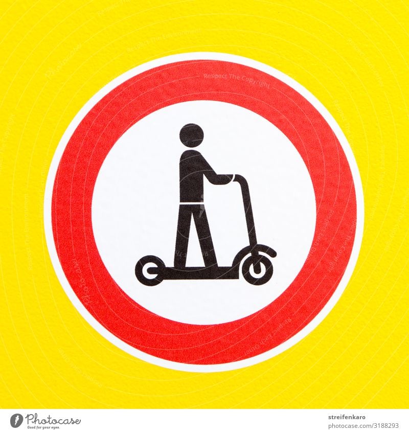 Prohibition sign electric scooter on yellow background Sports Energy industry Human being 1 Transport Traffic infrastructure Passenger traffic Road traffic Sign