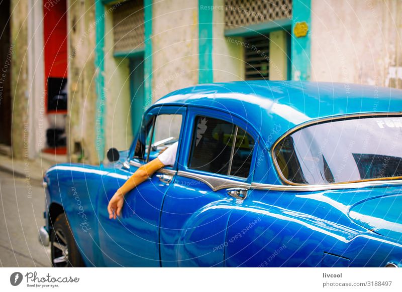old blue car - central streets of havana , cuba Lifestyle Vacation & Travel Tourism Trip Island Rain Transport Street Taxi Vintage car Old Driving To enjoy