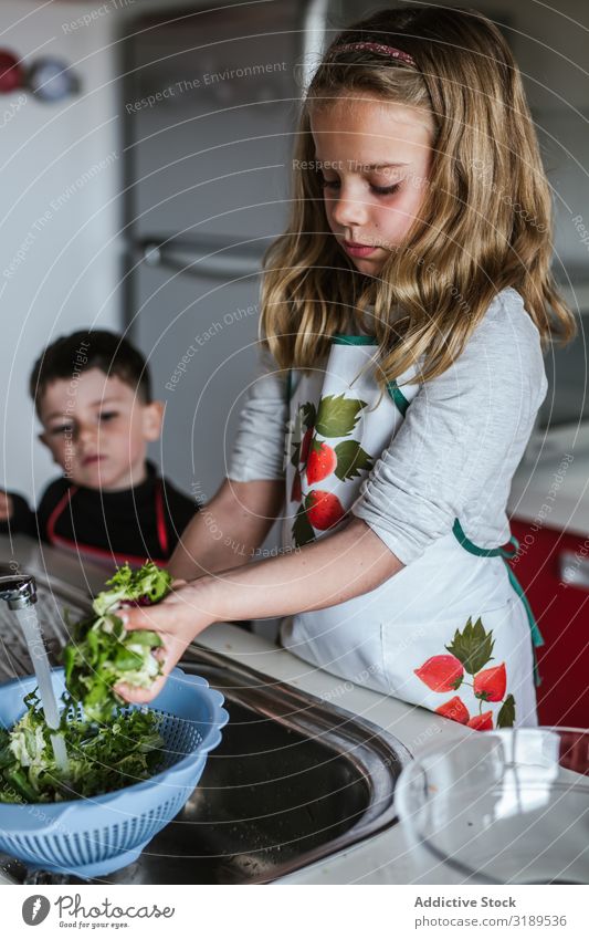 Child washing herbs for salad Girl Washing Hand Herbs Water Sink Spigot Fresh Salad Cooking Mature Healthy Vegan diet Vegetarian diet Clean Organic Natural
