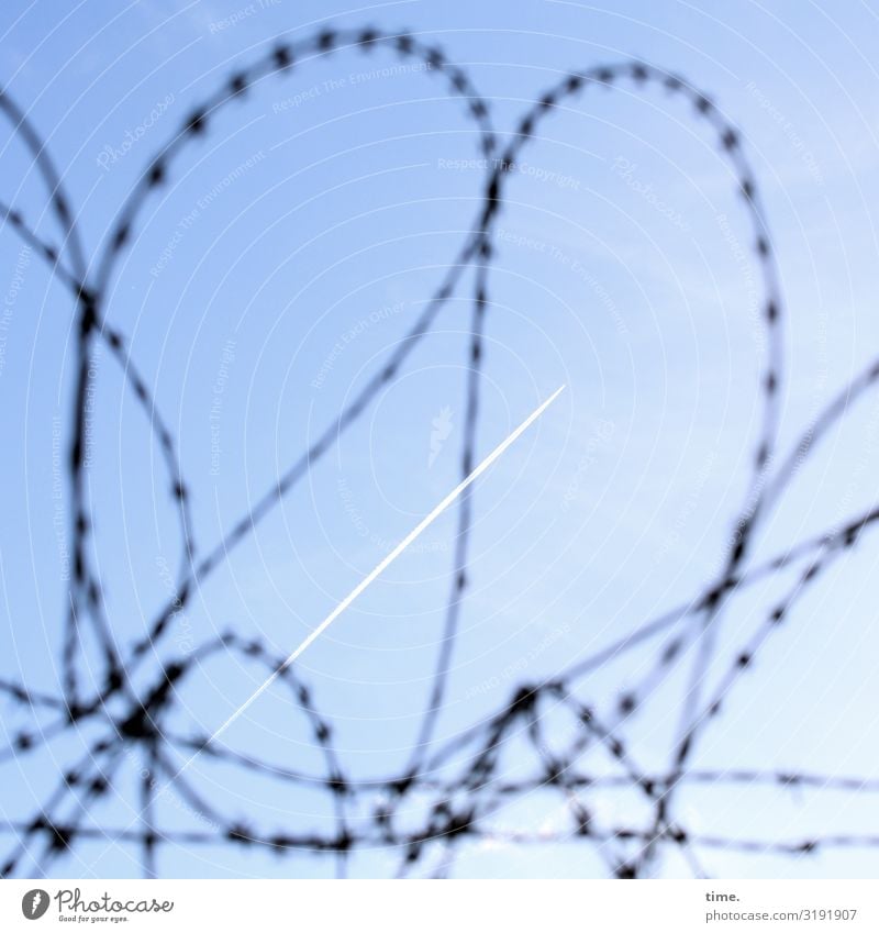 Stories of the fence (XXXIV) Sky Beautiful weather Aviation Vapor trail Fence Barbed wire Barbed wire fence Line Sharp-edged Town Blue Might Safety Protection