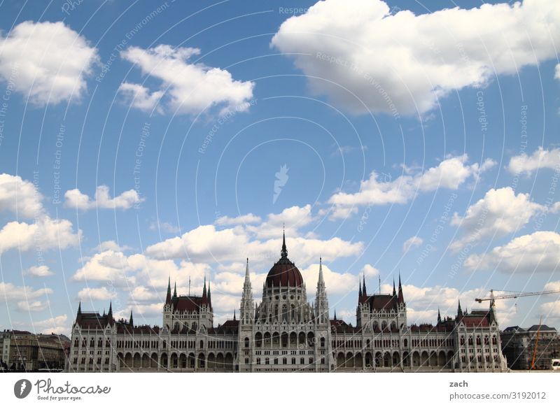 Parliament, Budapest Sky Clouds Beautiful weather Hungary Town Capital city Downtown Old town Palace City hall Tower Manmade structures parliament building