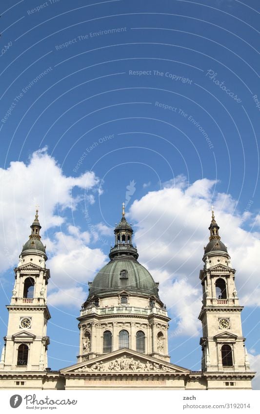 St. Stephen's Basilica, Budapest Sky Clouds Beautiful weather Hungary Town Capital city Downtown Old town Church Dome Tower Tourist Attraction Blue White Belief