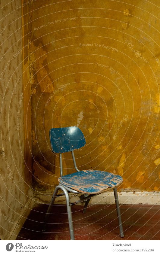 lounge Chair Wallpaper Room Wood Metal Old Dirty Broken Trashy Gloomy Blue Brown Decline Transience Colour photo Subdued colour Interior shot Deserted