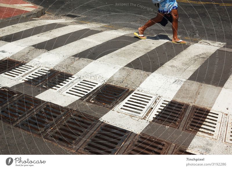 flip-flop crosswalk Vacation & Travel Summer vacation Human being Masculine Legs Feet 1 Traffic infrastructure Pedestrian Street Swimming trunks Flip-flops