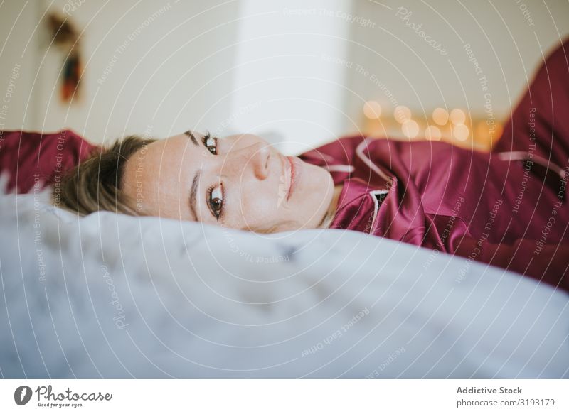 Woman and smiling in bed Smiling Youth (Young adults) Bedroom Pillow Beautiful Relaxation Human being Home Morning Sleep Comfortable Resting Dream Attractive