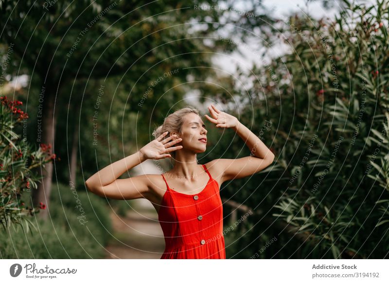 Dreamy young beautiful woman in summer garden Woman Garden Beautiful Summer Youth (Young adults) Blonde sensually Posture Blooming Tree Closed eyes Inspiration