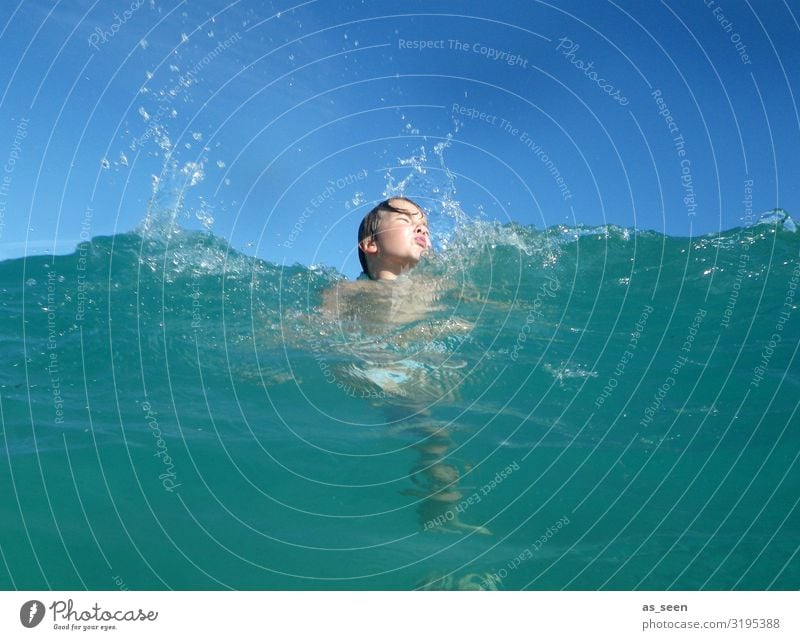 Fun in the sea Boy (child) Infancy Face 1 Human being Environment Nature Landscape Elements Air Water Sky Sun Summer Beautiful weather Waves North Sea