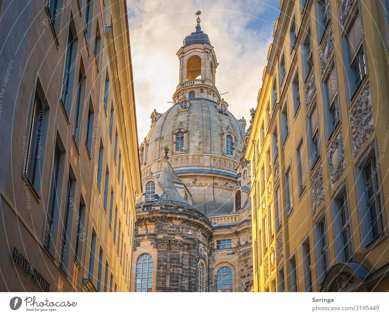 View through the alley to the Frauenkirche in Dresden Architecture Downtown Old town Church Dome Tower Manmade structures Building Wall (barrier)
