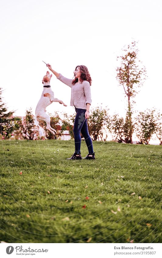 young woman playing with her dog at the park. autumn season. dog jumping Portrait photograph Woman Dog Park Youth (Young adults) Exterior shot Love Pet owner