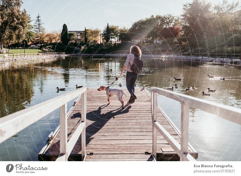 young woman and her dog outdoors in a park with a lake. sunny day, autumn season Woman Dog Park Youth (Young adults) Exterior shot Love Pet owner Sunbeam