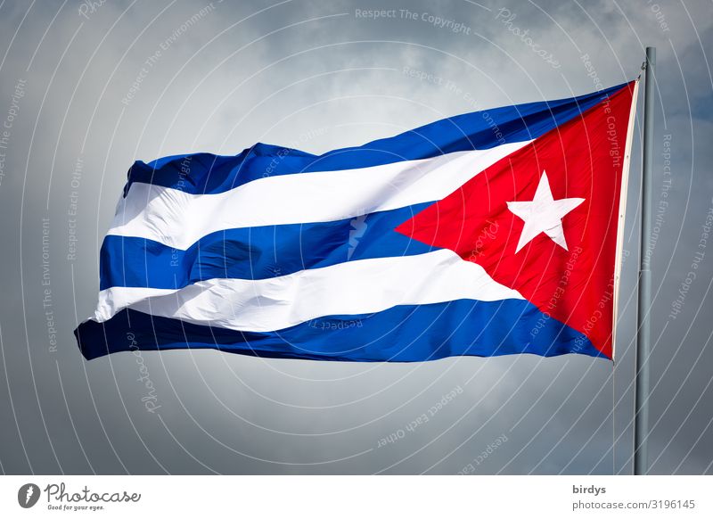 Waving Cuban national flag against cloudy sky Ensign Sky Clouds Wind National flag Flag Authentic Rebellious Blue Gray Red White Pride Honor Self-confident