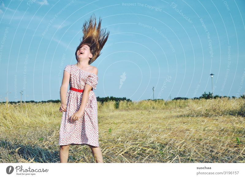summer mood Child Girl young girl youthful Hair and hairstyles Infancy Wild Crazy Laughter Joy Joie de vivre (Vitality) Happy Summer sunshine straw field