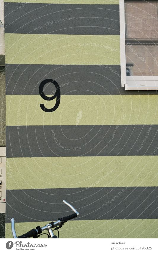 no. 9 Digits and numbers Number nine. House (Residential Structure) Wall (building) Building Facade Window Bicycle Bicycle handlebars Detail Striped