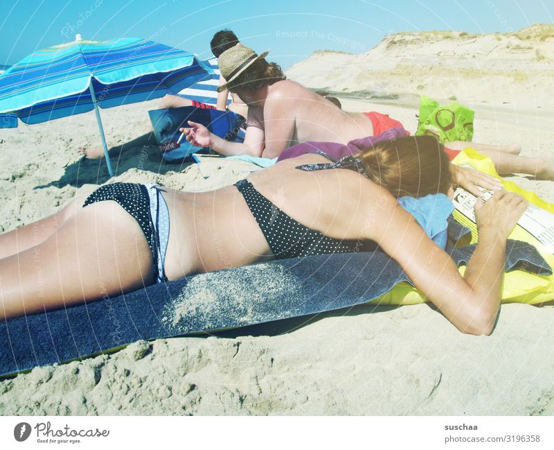 scene of a holiday on the beach Summer Vacation & Travel Beach Sand dune Hot sunny Ocean Beach vacation Sunbathing Swimming & Bathing Goof off Relaxation