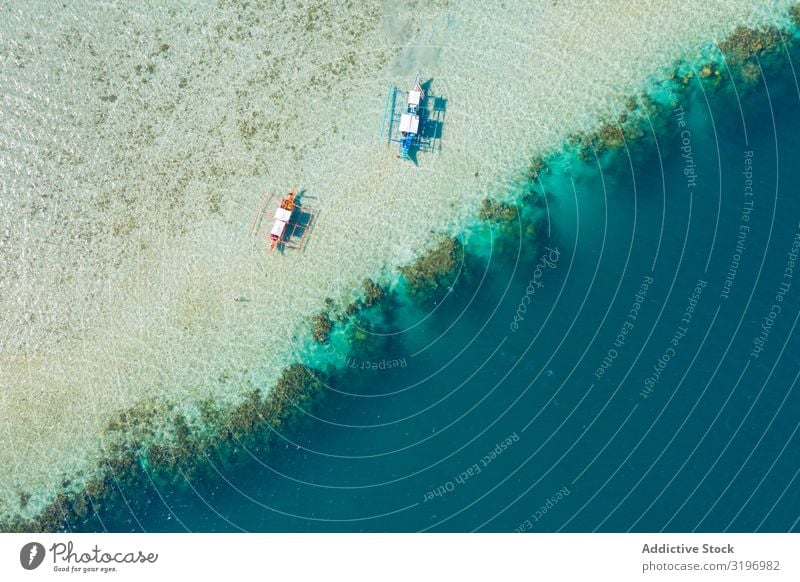 Aerial view of boats on shallow Watercraft Shallow Aircraft Height Altimeter drone view Sand Coast at rest Beach Ocean Blue Vantage point Nature