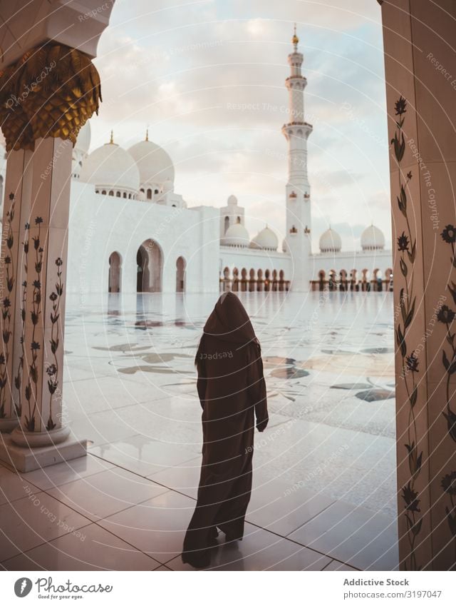 Anonymous muslim woman on square of beautiful mosque Woman Moslem Mosque Dubai islamic hijab Prayer Morning Religion and faith Spiritual Holy Tradition