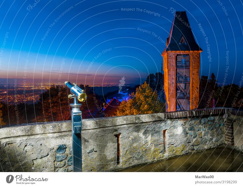 Frankstein's view Vacation & Travel Sightseeing Binoculars Night sky Horizon Castle Tower Wall (barrier) Wall (building) Blue Orange Watchfulness Far-off places