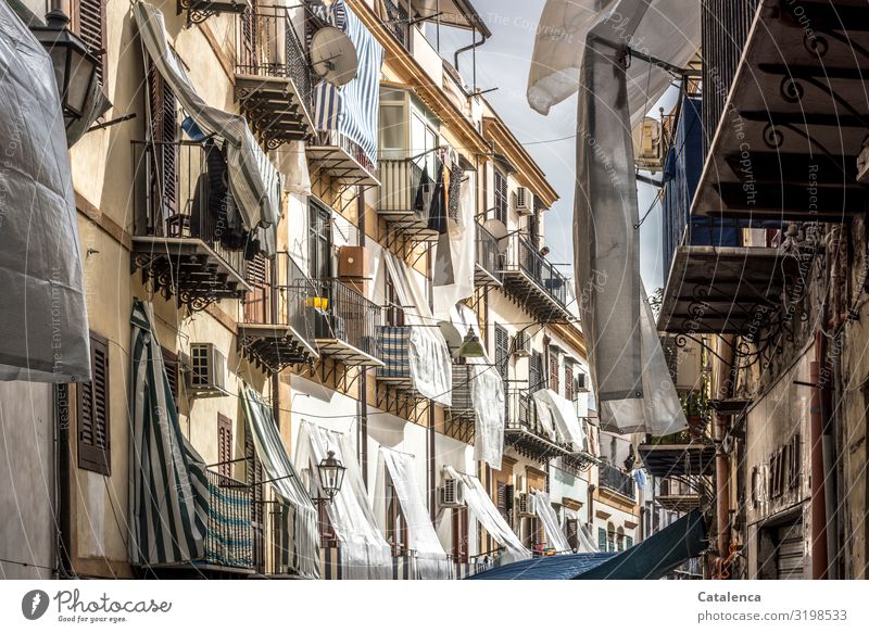 Overcast, sun shades on the balconies of houses in Palermo Sicily Italy Europe Town Capital city Port City Old town House (Residential Structure)