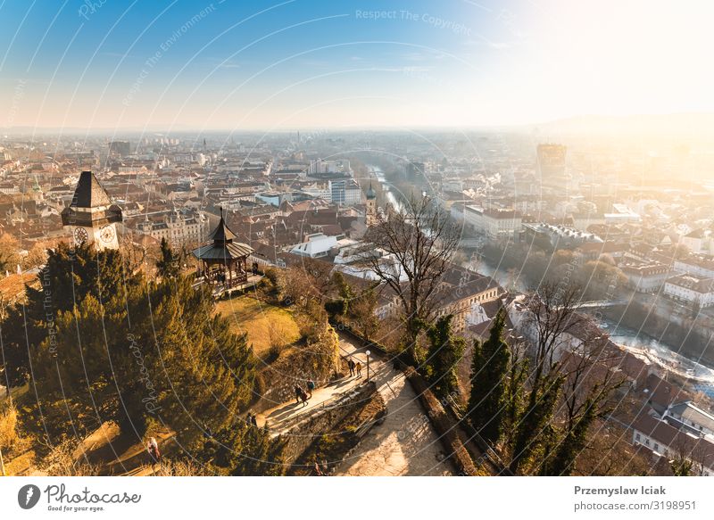 View from the Schlossberg to the city of Graz, travel destination. Austria Antenna Architecture Blue Building capital center Christmas City Destination Europe