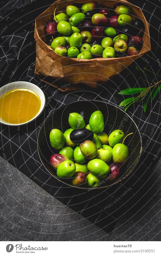 Fresh Spanish extra virgin olive oil with olives Food Vegetable Fruit Nutrition Vegetarian diet Diet Bowl Lifestyle Healthy Eating Nature Leaf Delicious Natural