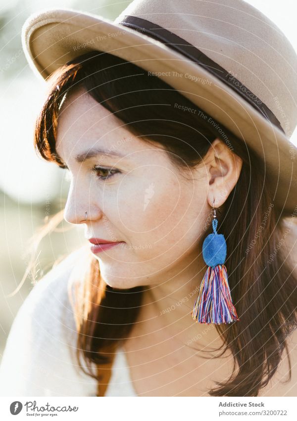 Charming smiling woman with trendy accessories outdoors Woman Smiling Accessory Hip & trendy Portrait photograph Beautiful Model Happy white clothes Day Summer