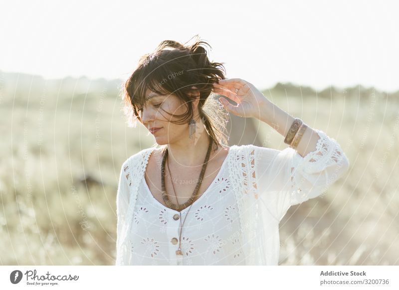 Charming smiling woman with trendy accessories outdoors Woman Smiling Accessory Hip & trendy Portrait photograph Beautiful Model Happy white clothes Day Summer