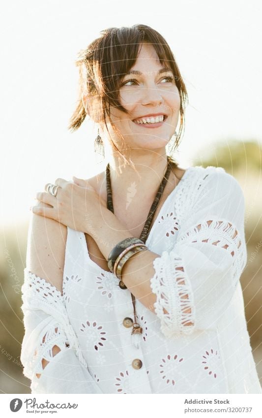 Charming smiling woman with trendy accessories outdoors Woman Smiling Accessory Hip & trendy Portrait photograph Beautiful Model Happy white clothes Day Summer