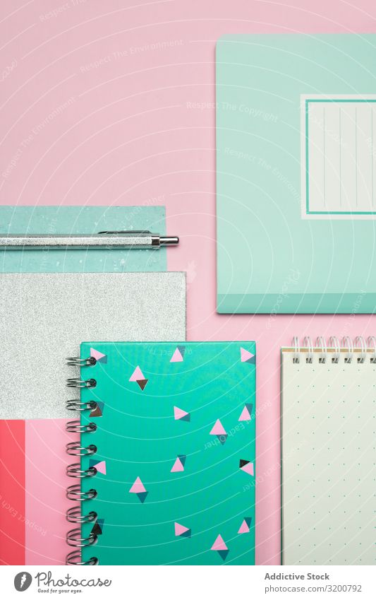 Stylish stationery on pink background. School stationery or office supplies.  Workplace organization. Concept back to school. Stock Photo