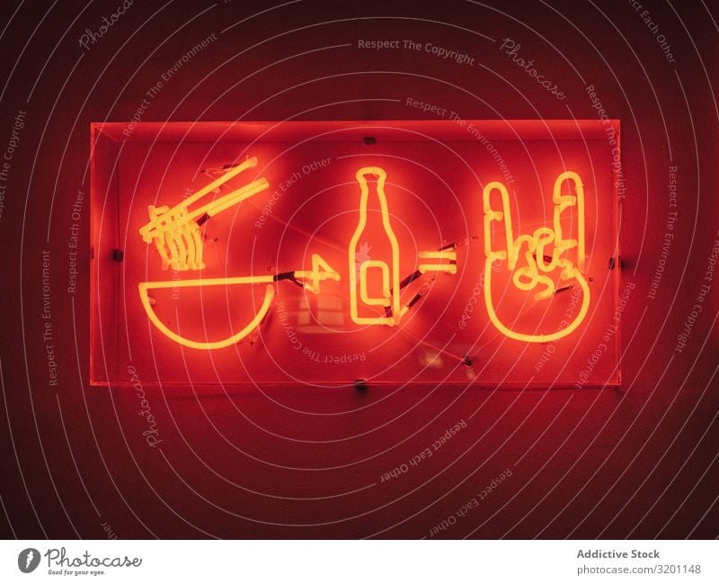 Neon signboard on red background Signage Food asian Restaurant Icon Symbols and metaphors Café Street Japanese Dish Meal Beverage ramen Cooking Design