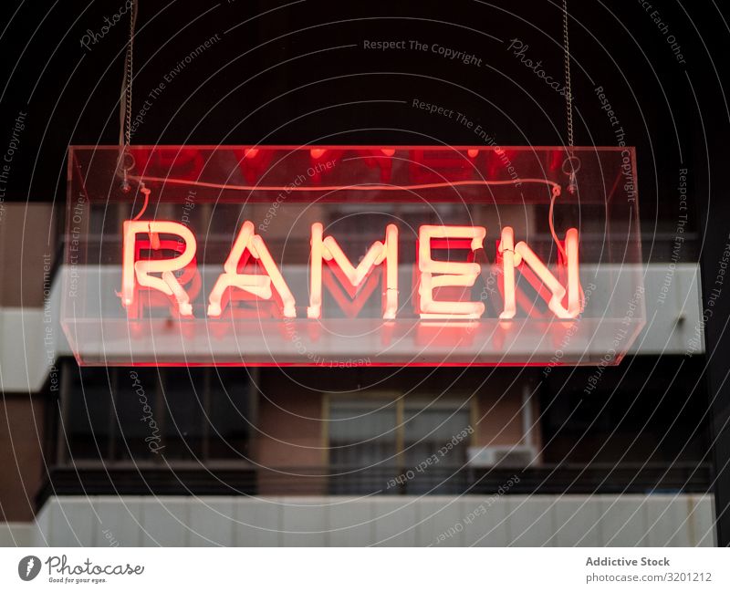 Neon signboard ramen Signage Restaurant Name Café title Japanese Food Dish Illuminate Glass Red Light Hanging inviting indicating Advertising brand Tradition