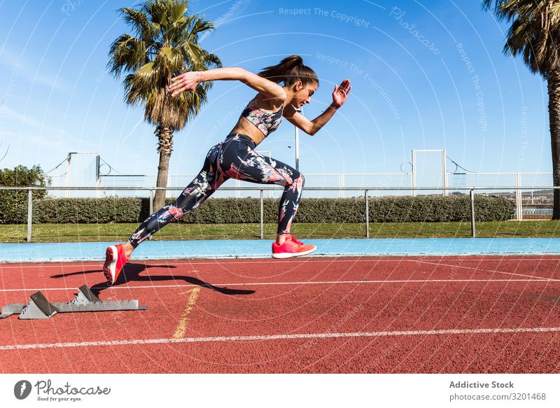 Slim woman running on stadium Woman Running Stadium Track Speed Sports Athlete Sky Sunbeam Day Sportswear Thin Strong Relaxation Fitness sprint Action workout