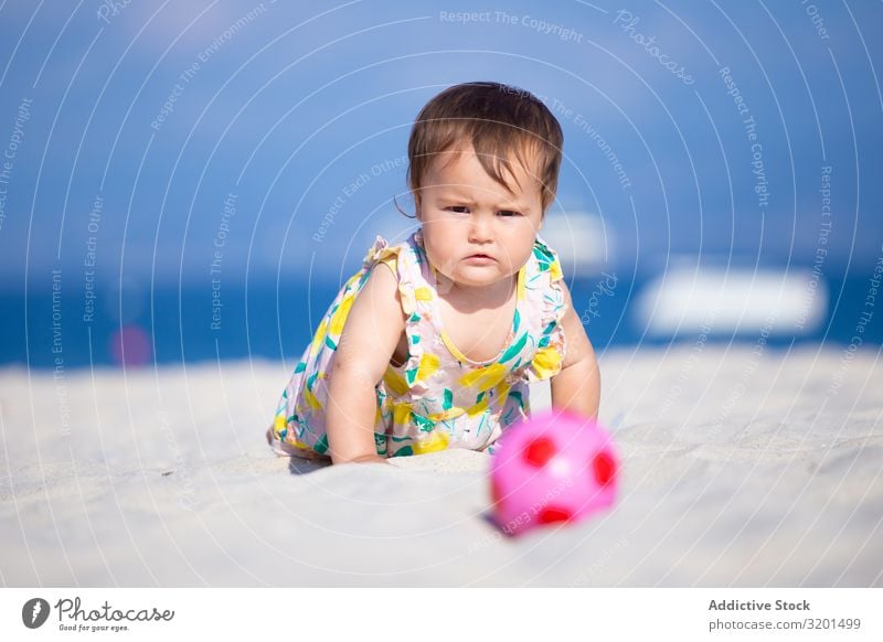 Baby girl playing with ball on beach Ball Beach Sand Summer Child Infancy Girl Toddler Human being Cute Earnest Beautiful concentrated Funny Anger Action Crawl