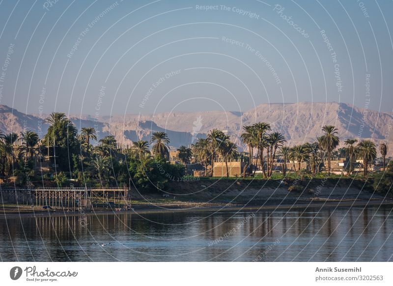 View to the west bank of the Nile in Luxor to the Valley of the Kings Work of art Architecture Nature Landscape Cloudless sky Rock River Desert Egypt Africa