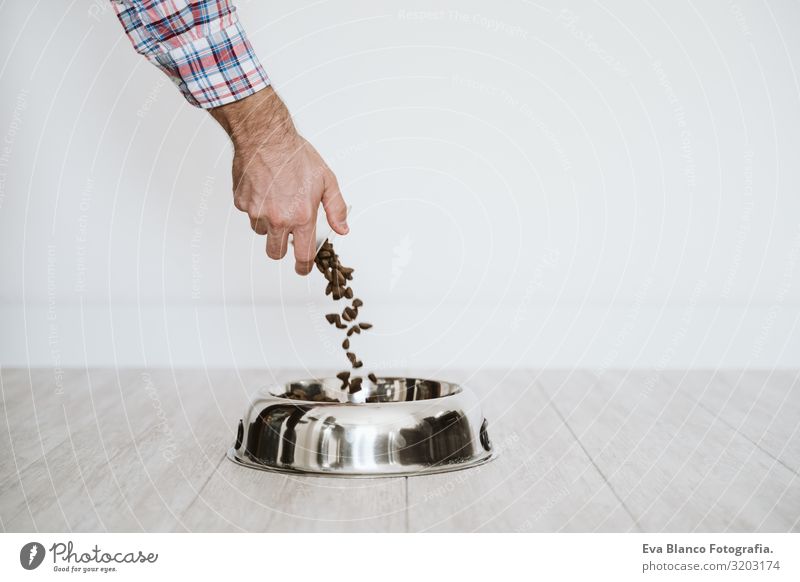 man hand filling a bowl of dog food at home mand Hand Dog Food Bowl Home Dry Diet Table Puppy nutrient Heap Crisp Animal Meal Healthy Cookie Zoo Snack Close-up