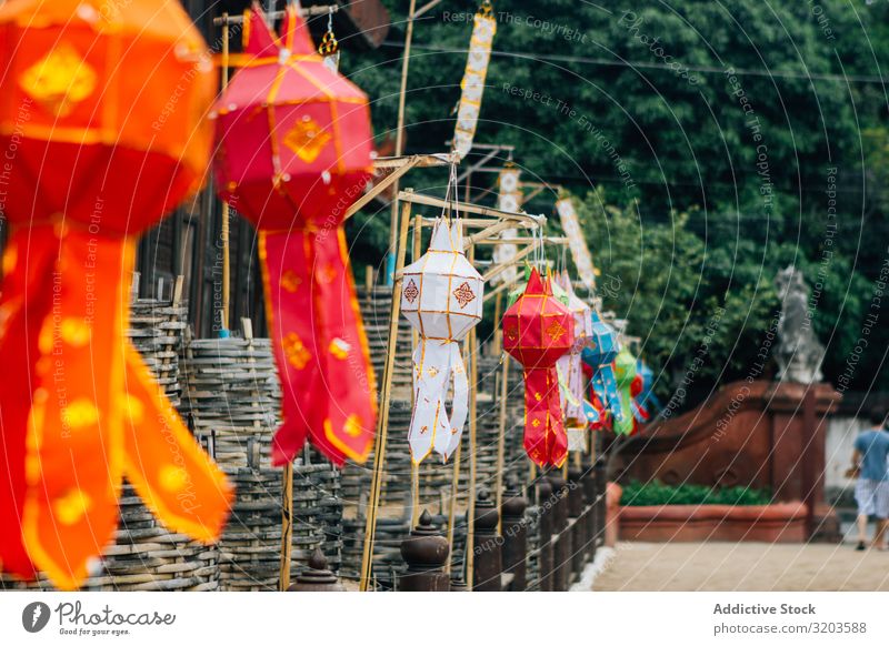 Multicolored traditional lanterns in garden Lantern yard Tradition Temple national Multicoloured Art Thailand Garden Beautiful Tourism Seasons Hanging Exterior