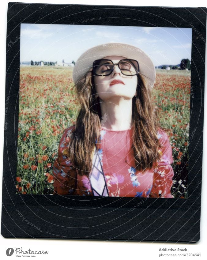 Instant photo of woman on field instant poppies Photography Woman Field Laughter Summer Blooming Closed eyes Lifestyle Leisure and hobbies Style Happy Freedom