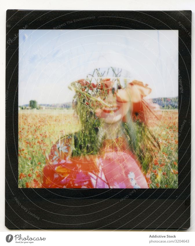 Silhouette of woman in blooming meadow Woman poppies Summer Field Blooming instant Photography Cheerful Sunbeam Day Freedom Meadow Joy Shot Illustration Flower