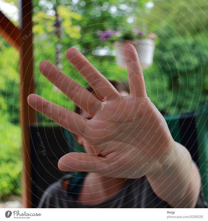 Hand of a woman in defensive position shows STOP, that's it! Human being Adults Fingers 1 30 - 45 years Environment Nature Plant Summer Beautiful weather Bushes