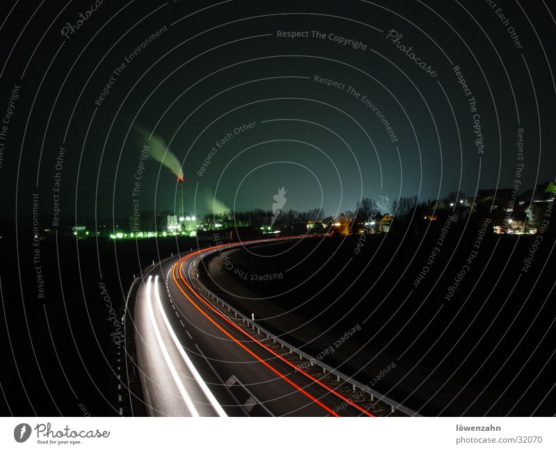 industrial Factory Sky Chimney Transport Street Car Smoke Red White Paper mill Industrial Photography Colour photo Exterior shot Night Light Long exposure