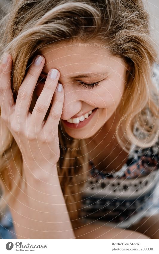 Portrait of young beautiful woman closed eyes close-up portrait happiness fashionable glamorous summer vacation travel recreation holiday resort female person