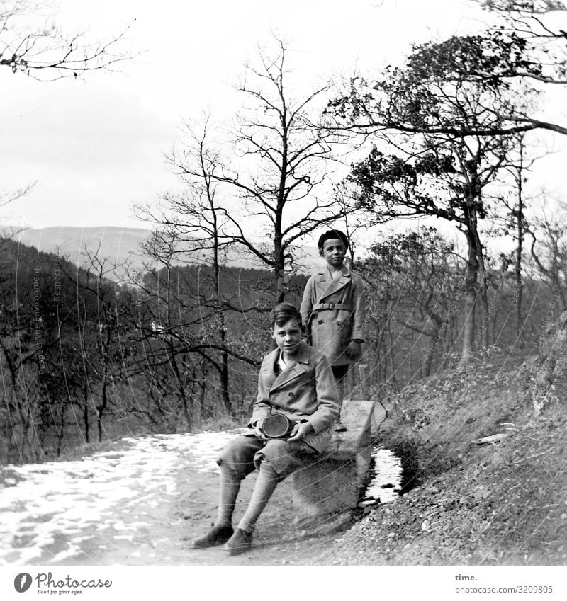 on the way in the Harz Mountains Masculine Boy (child) Brother 2 Human being Environment Nature Landscape Sky Horizon Winter Beautiful weather Snow Tree Forest