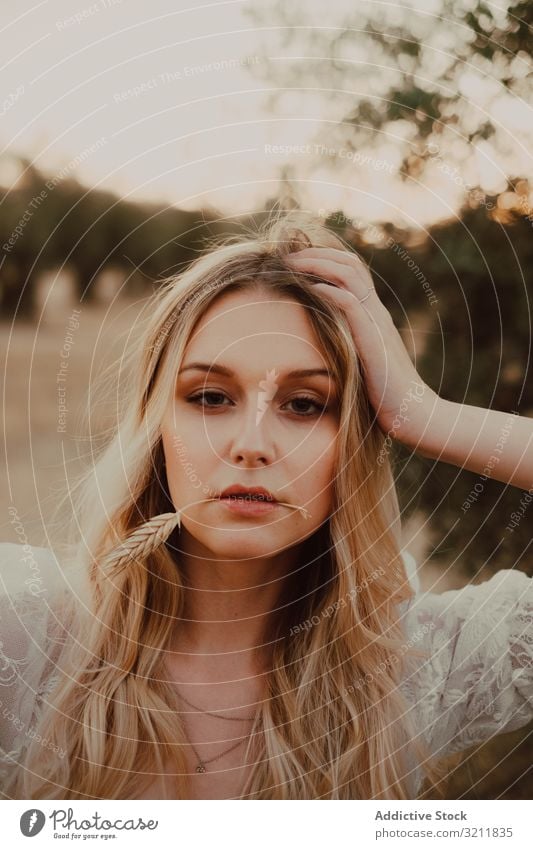 Thoughtful beautiful woman with flowing hair and straw in mouth bride boho lace dream style tender sensual natural summer romantic wedding olive tree blonde