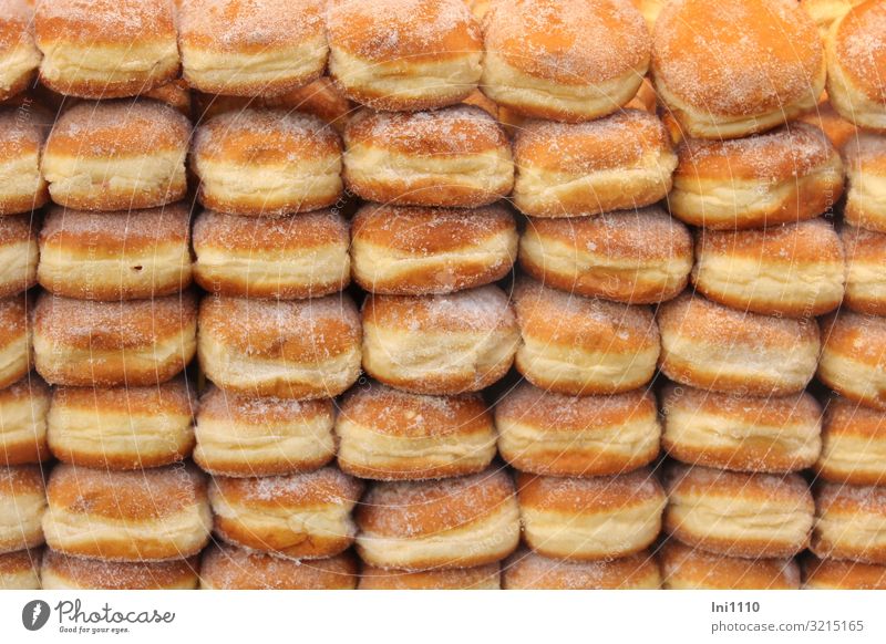I love Berliners Food Dough Baked goods To have a coffee Fat Fragrance Delicious Brown Yellow Gold Orange White Donut Stack Sugar Sweet Round Airy flabby Candy