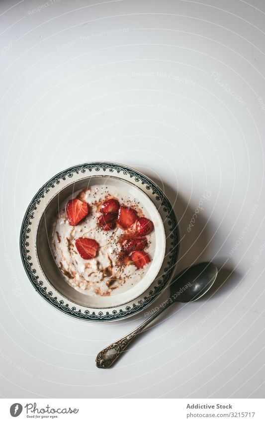 Porridge with strawberries oatmeal strawberry breakfast chia seed food delicious healthy organic eating diet ingredient culinary tasty cooked prepared dish bowl