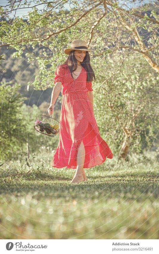 Woman in red dress in summer garden with basket of fruits woman cheerful attractive walking young beautiful lifestyle fresh female natural organic green nature