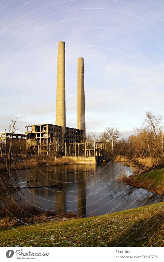 Old power plant Environment Nature Landscape Plant Elements Earth Water Sky Clouds Winter Tree Grass Meadow Lake Deserted House (Residential Structure)