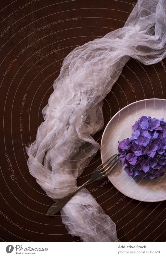 Gauze near plate with flowers gauze concept dish served fork portion decor violet fabric translucent thin cloth drapery textile napkin bloom blossom flora herb
