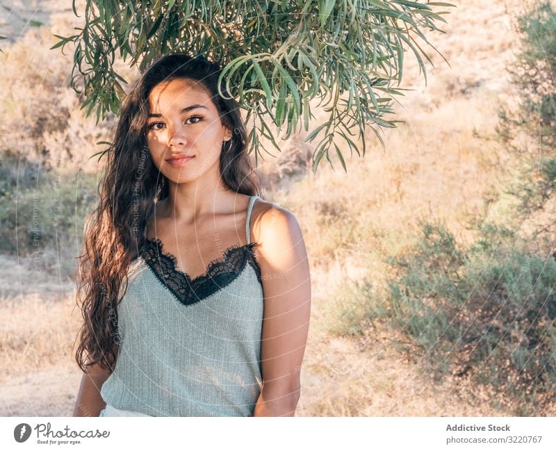 Playful trendy young ethnic woman in deserted countryside modern casual cactus sandy dry bush sunlight adult brunette attractive stylish hipster summer