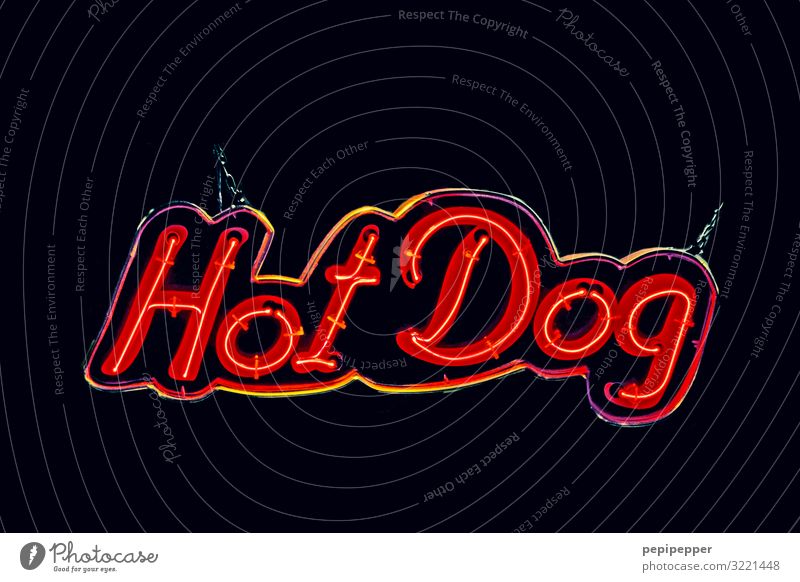 hot dog Food Nutrition Fast food Services Neon light Characters Ornament Signs and labeling Signage Warning sign Eating Red Black Interior shot Artificial light