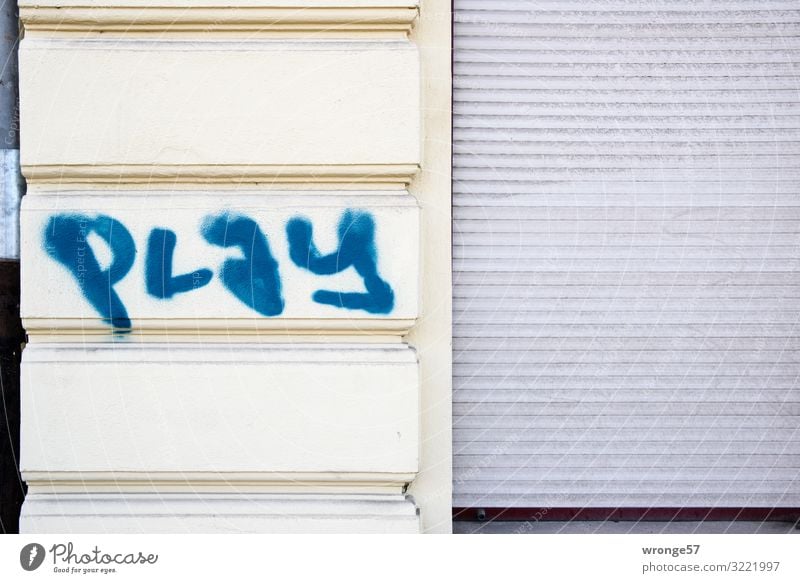 play House (Residential Structure) Wall (barrier) Wall (building) Facade Characters Graffiti Town Blue Gray Daub Playing Roller shutter Closed Colour photo